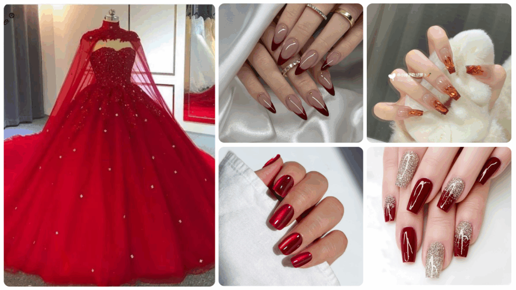 Nailbox đỏ rực rỡ cùng váy cưới đỏ quyến rũ