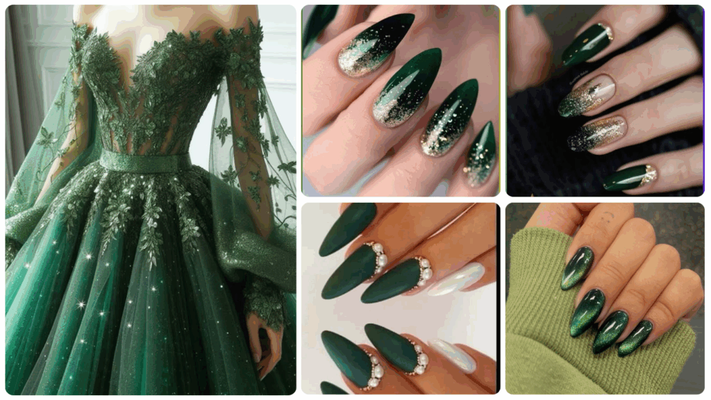 Xanh ngọc lục bảo quyền lực từ váy cưới và bộ nailbox cô dâu