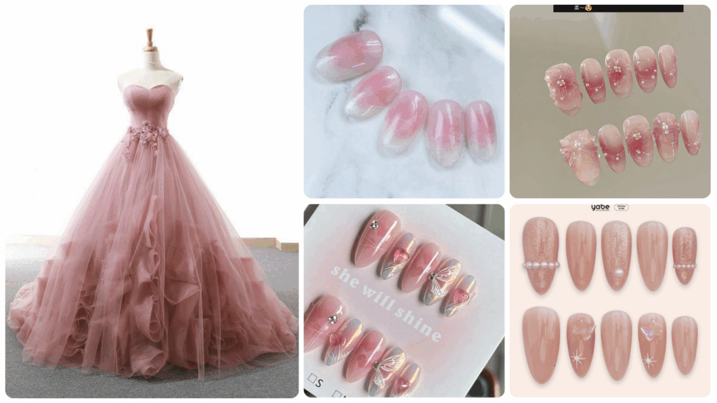 Nailbox tone hồng cùng váy cưới hồng pastel