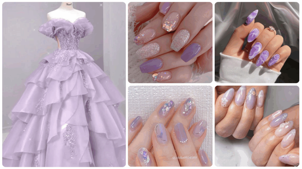 Nailbox tím phối cùng váy cưới tím lavender