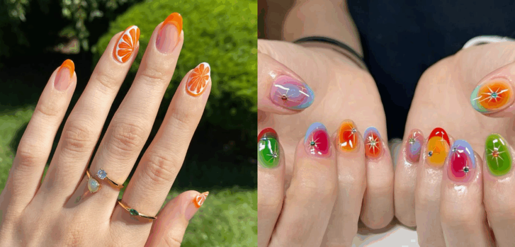 Nailbox ngắn xinh họa tiết trái cây (hình trái: @polished_yogi)