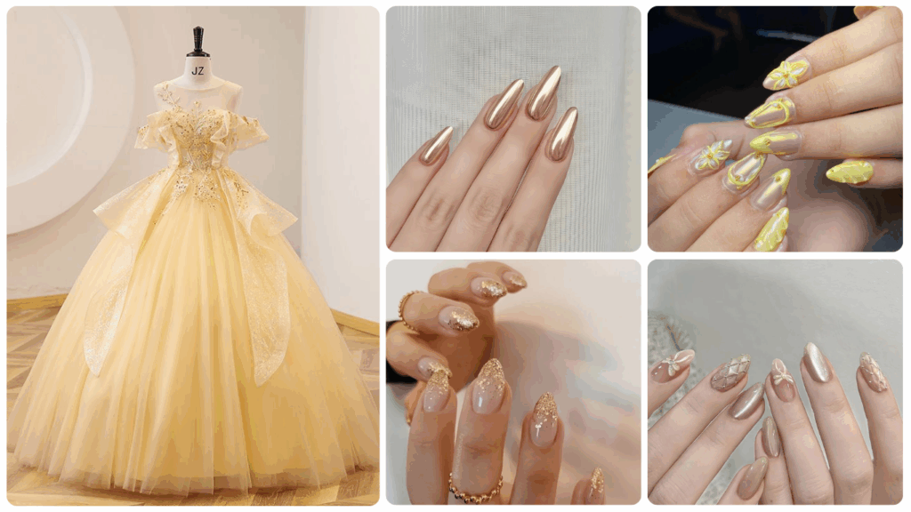 Nailbox màu gold cùng váy cưới vàng là một sự phối kết ăn ý