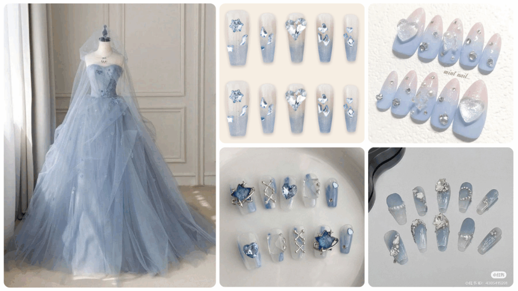 Nailbox cô dâu cùng váy cưới màu xanh nhạt