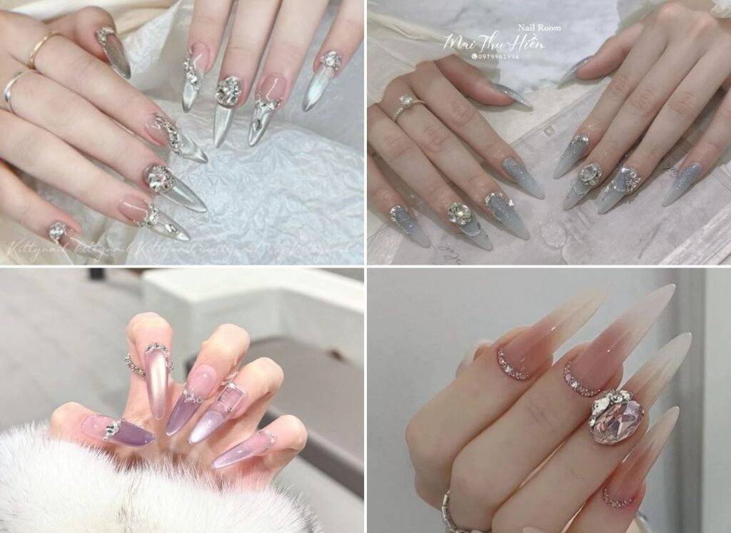 Nailbox dài trang trí đính đá sang chảnh