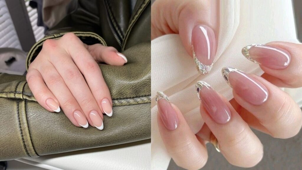 Sơn móng tay đep kiểu French manicure kinh điển (trái) và French twist (phải)