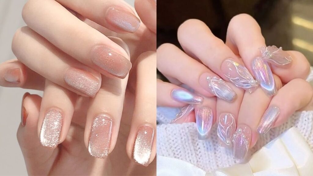 Sơn móng tay đẹp kiểu sơn kim tuyến làm nổi bật gấp nhiều lần vẻ đẹp của đôi tay