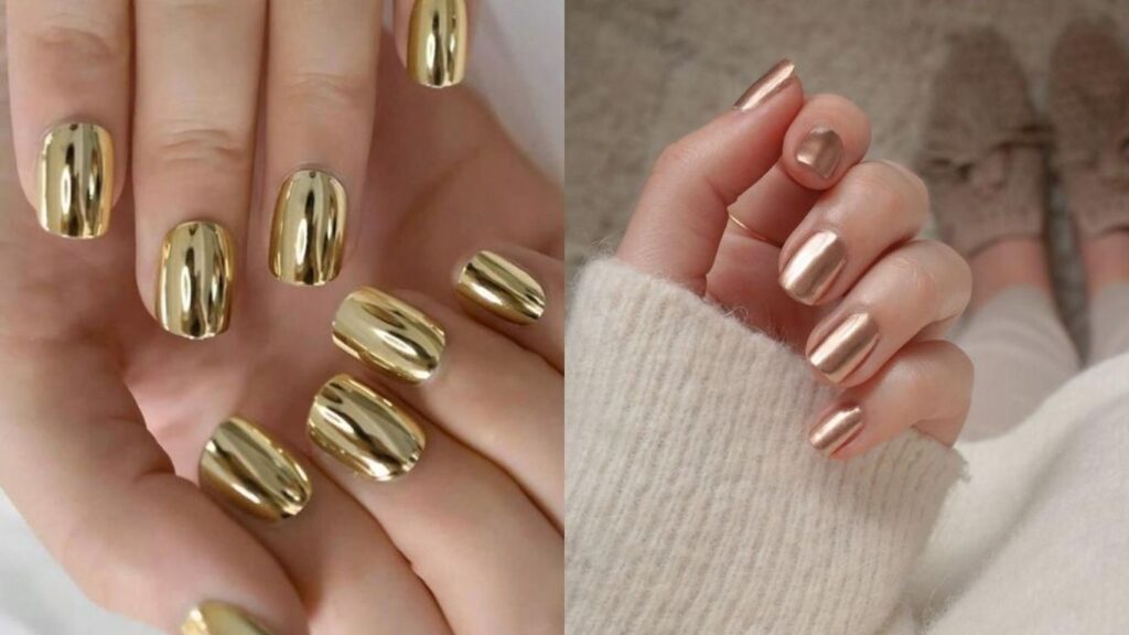 Nailbox đẹp cho móng ngắn màu gold chrome sang chảnh