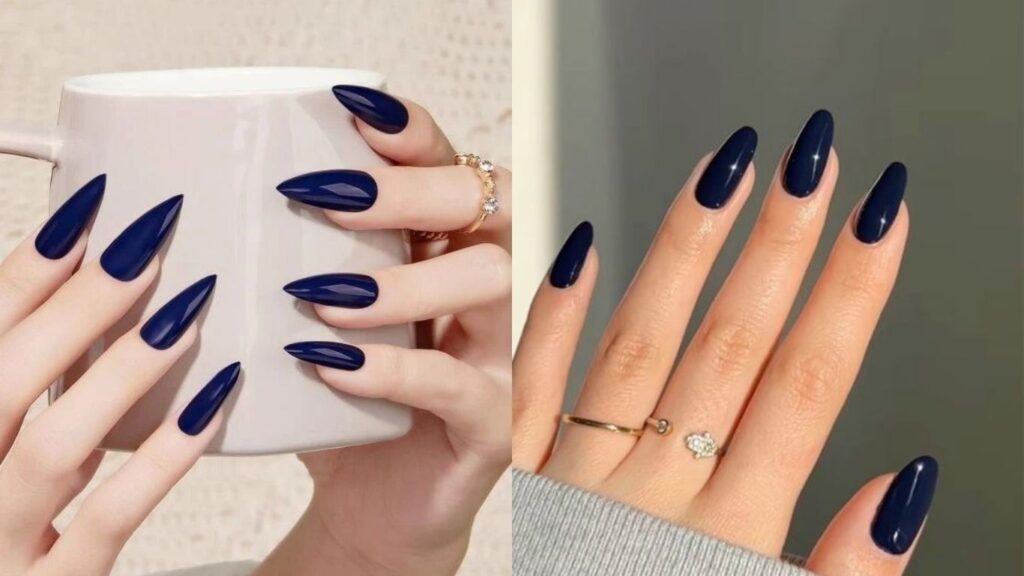 Màu sơn móng tay sáng da xanh navy dạng lì (bên trái) và dạng bóng (bên phải)
