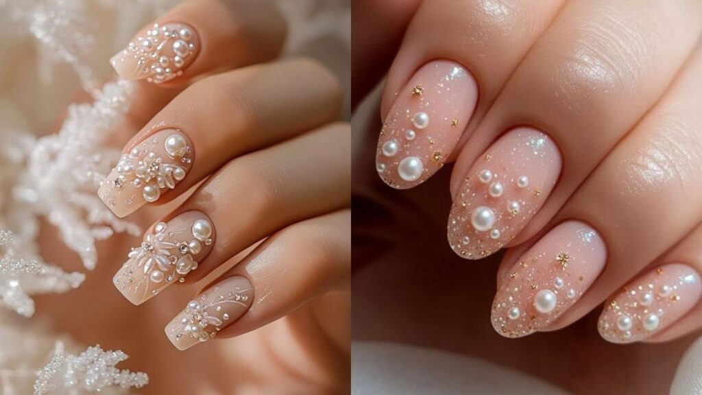 Móng tay cô dâu đính ngọc trai