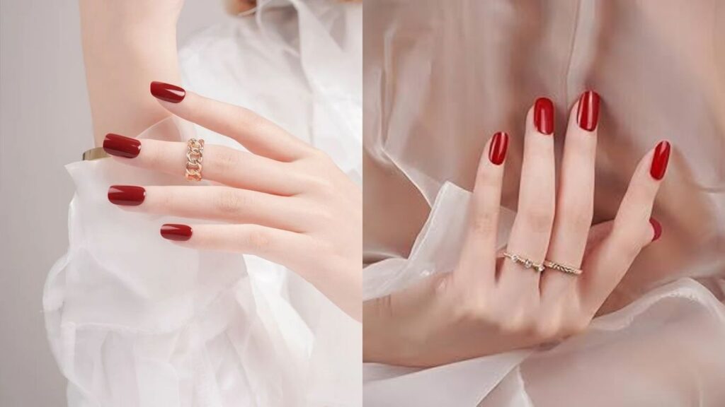 Màu sơn móng tay sáng da đỏ ruby nổi bật khi phối cùng trang sức 