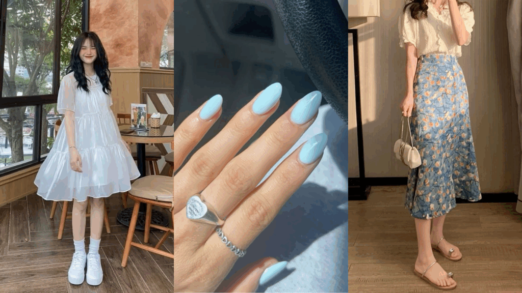 Phối đồ với màu sơn móng tay xanh dương baby